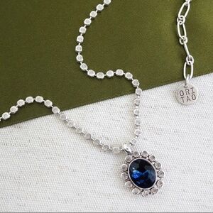 Simple Oval Pendant Necklace, Blue Center Stone, 925 Silver, Blue Crystal NWT